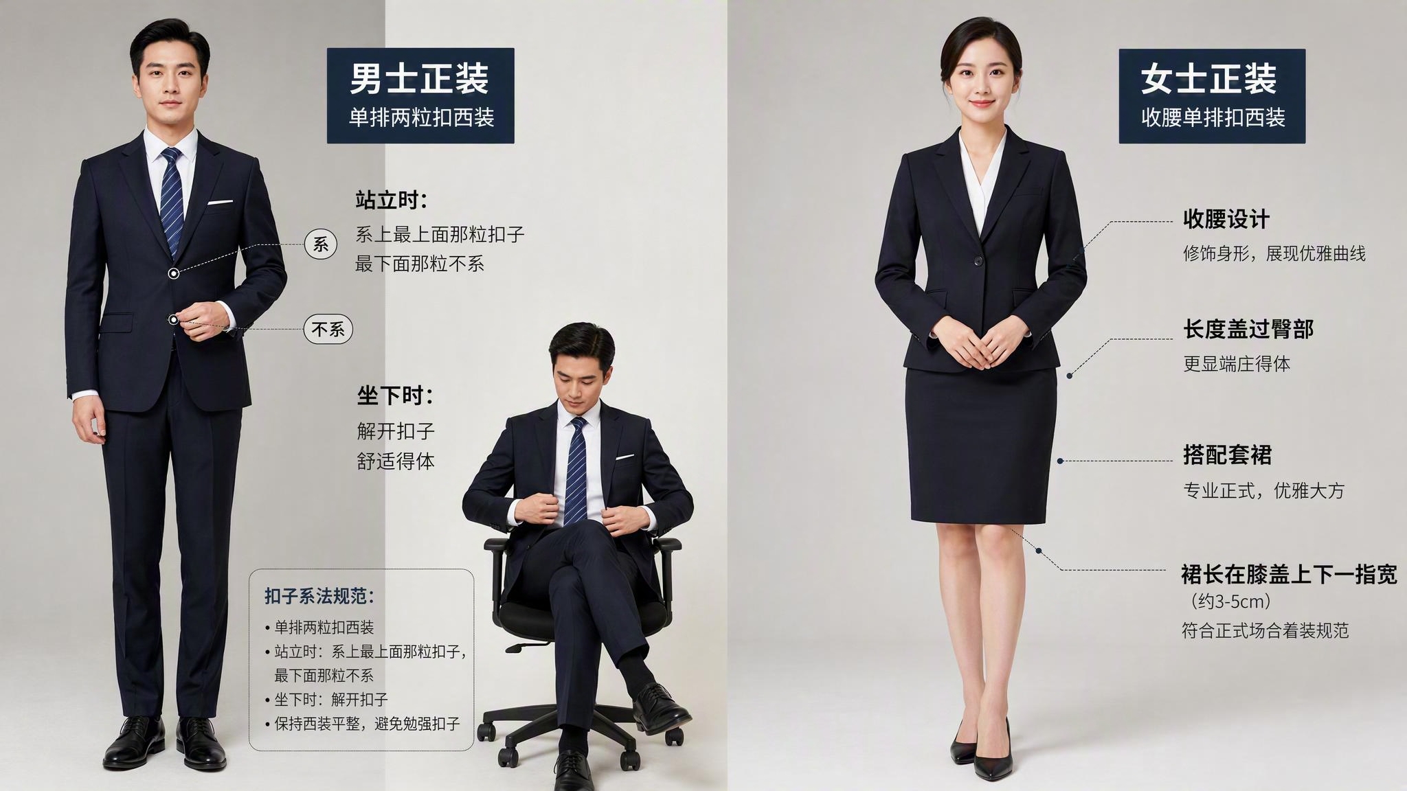 一张图分为左右两部分展示男女正装款式规范：左侧男士正装展示-单… - 图片创意预览