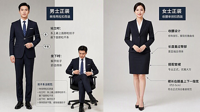 一张图分为左右两部分展示男女正装款式规范：左侧男士正装展示-单排两粒扣西装，站立时系上最上面那粒扣子，最下面那粒不系，同时展示坐下时解开扣子的正确姿势，标注扣子系法规范；右侧女士正装展示-收腰单排扣西装，长度盖过臀部，搭配套裙，裙长在膝盖上下一指宽，正式优雅；男女均着商务正装，姿态端正，干净背景，清晰展示服装款式细节，写实风格