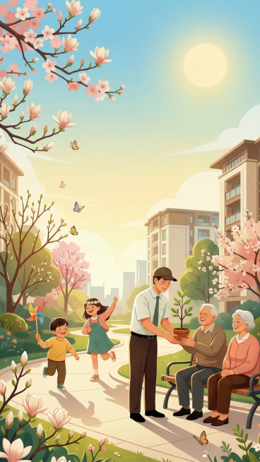 参考参考图的扁平插画风格，绘制春分物业服务场景，小区春日公园，物业服务人员陪伴业主，画面充满春日花草植物，开满花朵的树木，明媚阳光，明显光影效果，整体呈现温暖的春日氛围，整体风格高级简约，画面中不要出预览效果