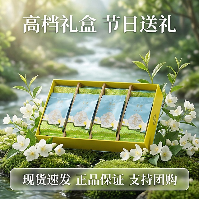 [垫图] https://gdesign-dam-hz.dancf.com/35864286407283782/6fe8e0e7280b4e51b573cf99a9dfc8b8.jpg
[主图主题] 茉研茉莉花茶礼盒送礼属性展示
[氛围/风格] 春日山间清新氛围感
[画面元素] 完整的茉研茉莉花茶礼盒放置在画面中心，周围点缀新鲜茉莉花和嫩绿枝条，背景是朦胧的山间小溪春色，整体场景干净大气，突出礼盒高档质感，适合节日送礼，背景全屏无边框
[配色色系] 主色调：清新绿色；辅助色：礼盒黄 白色茉莉
[视角构图] 中心对称构图 整体大气稳重
[文字版式] 主文案 " 高档礼盒 节日送礼 " 居中放顶部，底部半透明悬浮条横向排列服务卖点 " 现货速发 正品保证 支持团购 "，字体大小对比清晰，留白合理，不遮挡主体礼盒