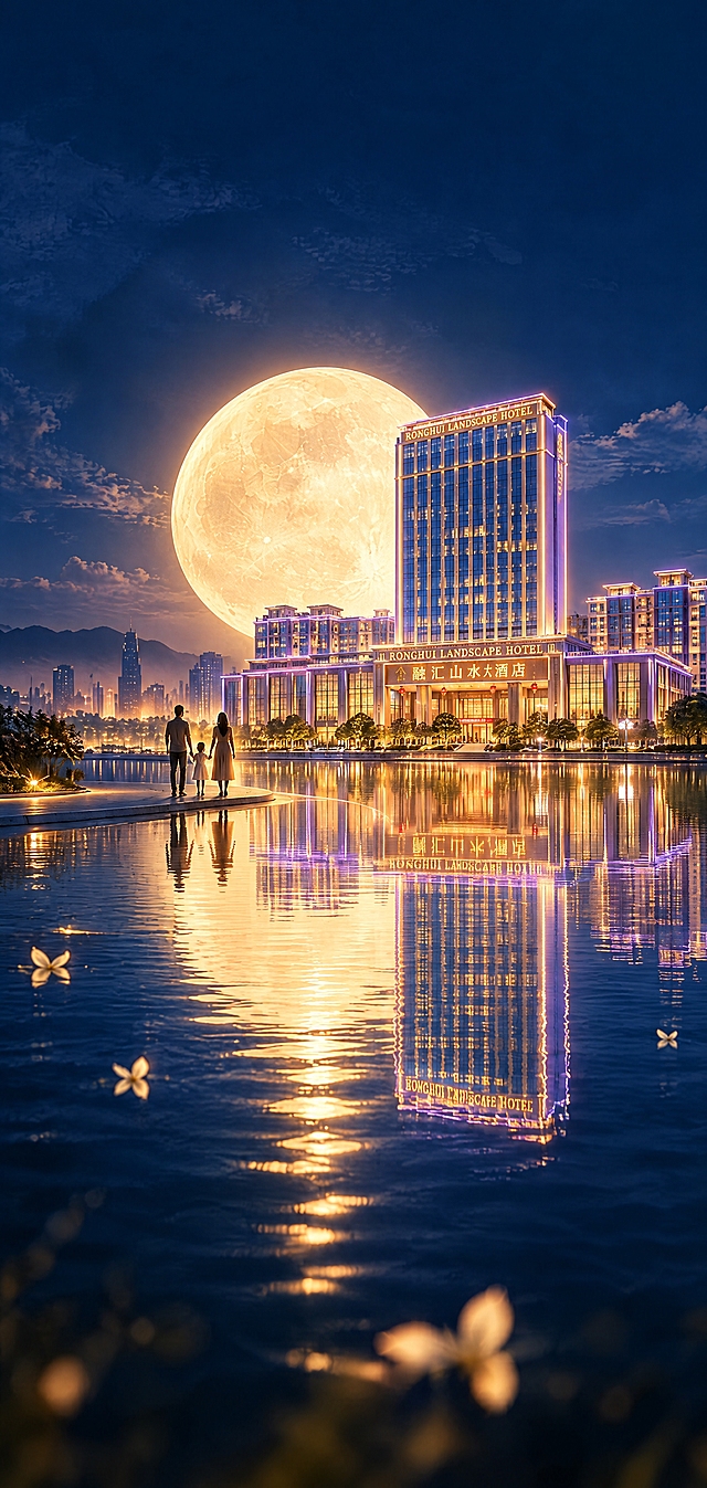 以第一张图为背景基础：保留深蓝色夜空和云层、中央巨大发光的金黄色满月、平静水面及月光倒影光路、前景岸边牵手行走的一家三口人影、远处朦胧山影和城市天际线剪影，以及水面上点缀的小白花和前景虚化花朵。将远处城市天际线的楼房替换为参考图二至图五的融汇山水大酒店建筑：高耸的蓝色玻璃幕墙塔楼、浅色石材裙楼配粗壮立柱门廊、入口上方金色'RONGHUI LANDSCAPE HOTEL'和'融汇山水大酒店'招牌，楼体轮廓以暖白和淡紫色LED灯带勾勒，窗户透出温暖灯光。酒店矗立在月色湖岸边，与巨大满月相互呼应，水面倒影清晰完整，天空与建筑、建筑与水面色彩过渡自然，超现实梦幻夜景氛围，高清细节，专业酒店宣传海报质感，4K高清