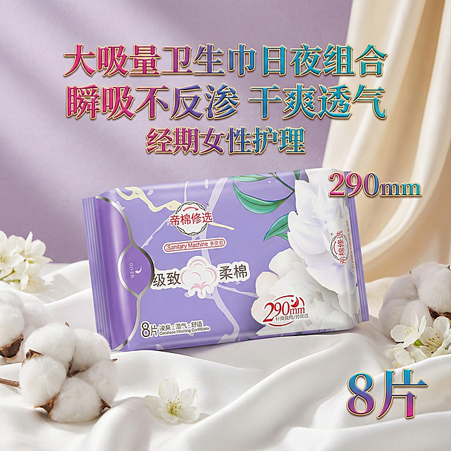 我是网店卖家，产品是女士生理期用品卫生巾，，根据你的经验帮我生成一个电商主图，/提升一些包装质感，切记不要出现网络违禁词,略微提升质感包装袋生成的包装主体不能改变，/背景可以更换更适合产品的高级背景/突显高级感/，/图片分辨率大小保持在800*800的像素不变/图片大小不变/、/可以发挥你的想象把产品布局摆放到更合适的位置/根据产品主推特点大吸量卫生巾日夜组合瞬吸不反渗干爽透气经期女性护理成主图产品标题//标题色彩要鲜艳精致一些/