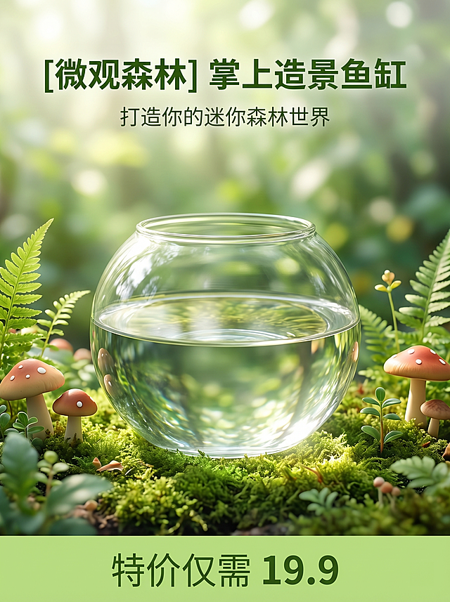 [主图 1] 掌上微观造景缸产品首图
[氛围风格] 森林卡通风格，可爱治愈，真实质感
[画质] 商业摄影质感，光线柔和通透，产品清晰真实，画面干净高级
[元素] 透明球形玻璃掌上鱼缸居中展示，放置在绿意盎然的森林苔藓底座上，周围点缀可爱卡通小蘑菇和蕨类植物，营造微观森林氛围。保持鱼缸外观（物理结构、材质质感、透明玻璃特性）与输入产品图绝对一致，杜绝任何变形和色差，精细化处理。商品主体占比严格控制在 60%-80% 之间，画面满屏无边框
[光影] 自然林间散射光线，柔和均匀，透明玻璃有清晰通透高光，背景虚化突出主体产品，整体光影明亮清新
[配色] 主色调为清新绿色，搭配透明玻璃的清澈质感，点缀浅棕色和米白色，色彩清新自然
[视角构图] 平视角度，鱼缸为视觉中心，景深适中，产品完整不裁切
[文字版式] 顶部负空间居中对齐，主标题“[微观森林] 掌上造景鱼缸”绿色粗体，副标题“打造你的迷你森林世界”小号浅色字体，底部通栏浅绿色块左对齐展示“特价仅需 19.9”白色文字，文字清晰不遮挡主体
[比例分辨率] 3:4比例，2k分辨率，文字清晰可辨，超高清
[负向提示词] 变形，水印，文字错乱，产品图模糊，背景杂乱，文字遮挡主体