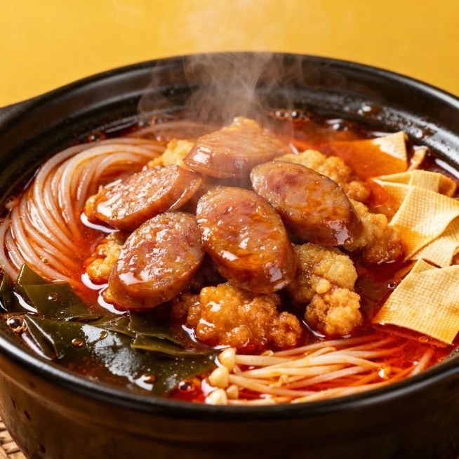 将砂锅里的小酥肉替换为切片的香糯香肠，香肠油亮红润，保留红亮汤汁、粉条、豆皮、海带、金针菇等配菜，整体热气腾腾，香气十足预览效果