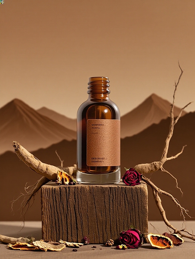 保持主体外观和形状。主体放置一根木块上，搭配人参、干枯树枝、陈皮、小玫瑰花。以暖棕色调远山为背景，营造古朴自然且高级的质感。