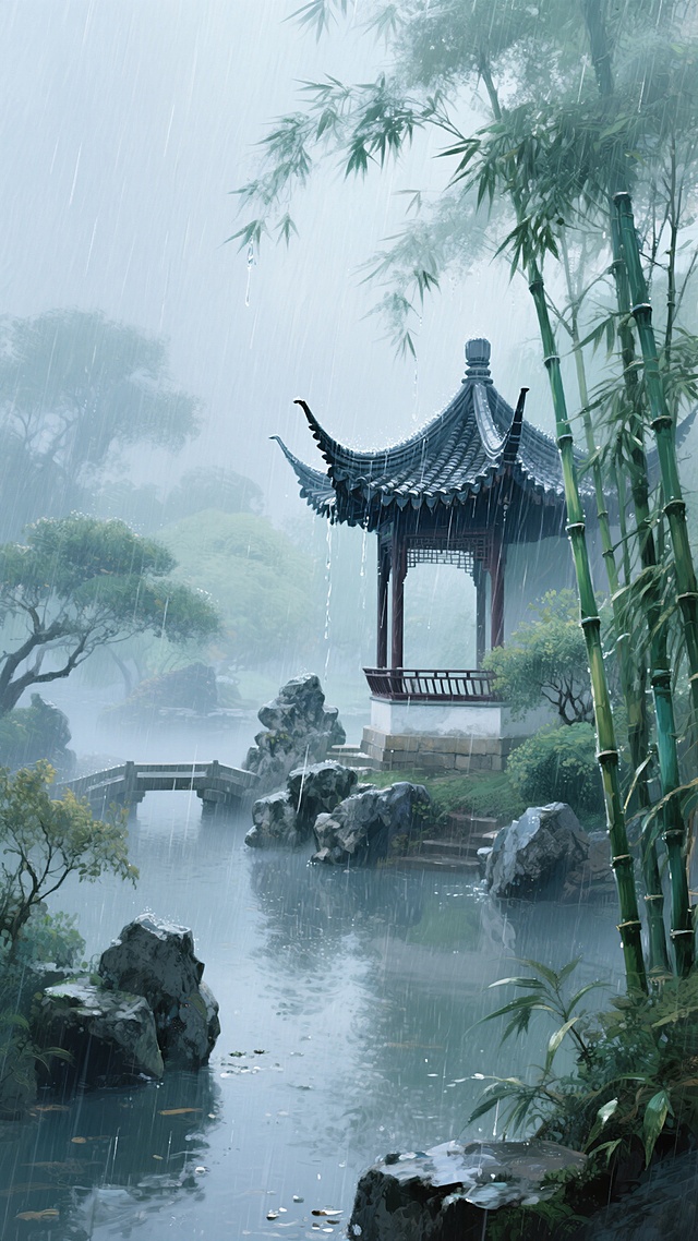 雨天，远处有一座凉亭，中式园林，清冷氛围