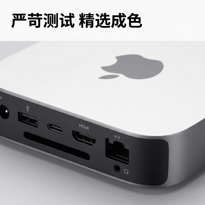 [主图 3] 苹果Eu播放器机身细节微距特写
[氛围/风格]：科技质感，高清细节展示，专业高级
[画面元素]：保持产品外观与原图一致，微距特写展示苹果logo和侧边接口区域，突出机身工艺、金属质感和精预览效果