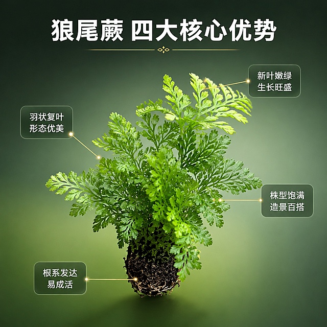 [主图-2] 狼尾蕨核心亮点标注图
[氛围风格] 清新自然风 专业绿植展示 商业摄影质感
[画质] 超高清商业摄影质感 光线均匀柔和 产品细节清晰 画面干净
[元素] 狼尾蕨植株居中展示 保持狼尾蕨外观（即物理结构、材质质感、颜色）与输入产品图一致 杜绝任何变形和色差 精细化处理 商品主体占比约60%。背景为渐变的深绿色到浅绿色 简洁干净不抢主体。以植株为中心 用细白色引线标注四个核心亮点 分别指向不同部位：指向顶部新叶标注"新叶嫩绿 生长旺盛" 指向成熟叶片标注"羽状复叶 形态优美" 指向根部土球标注"根系发达 易成活" 指向整体株型标注"株型饱满 造景百搭"。每个引线末端有小圆光点 旁边配圆角小卡片说明。
[光影] 柔和顶光加侧光 叶片受光均匀 叶脉纹理清晰 叶片边缘有轻微高光 阴影柔和 立体感强 整体光线明亮通透
[配色] 主色调清新翠绿 背景渐变墨绿到浅绿 文字白色 引线浅金色
[视角构图] 正面平视角度 主体居中 四周均匀留白 引线从主体向四周发散 构图平衡 视觉中心明确
[文字版式] 顶部居中主标题"狼尾蕨 四大核心优势" 白色粗体无衬线大字 下方有细金色分隔线。四个亮点卡片分布在植株四周 卡片为半透明深绿色圆角矩形 内有白色文字 字号适中 清晰可读 不遮挡主体叶片。卡片内文字分别为"新叶嫩绿""羽状复叶""根系发达""株型饱满"
[输出要求] 1:1比例 文字清晰可辨 超高清商业摄影质感
[负向提示词] 变形 文字错乱 产品图模糊 背景杂乱 水印 电商平台Logo 多余的手 多余的手指 畸形手 手部扭曲