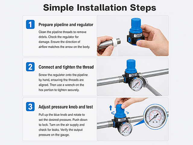 [Detail Page 5] How to Install - Step by Step Installation Demonstration. Atmosphere style: Clear instructional style, light gray background. Element layout: Three step demonstration arranged vertically. Step 1: Prepare connection pipeline and regulator, Step 2: Connect and tighten the thread, Step 3: Adjust pressure knob and test. Each step has a small operation photo and text description, product maintains original appearance in each step. Lighting: Uniform lighting for each step, clear visibility. Color scheme: Global background #f0f2f5, step numbers blue matching product, text dark gray. Perspective composition: Vertical three-step layout, clear reading flow. Text layout: Top main title "Simple Installation Steps", each step has step number, title and short description, all in English. Proportion resolution: 4:3 ratio, width 2048, height 1536, 4K resolution. Negative prompt: deformation, watermark, text distortion, wrong product, blurry image, cluttered background.