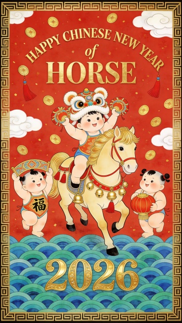 动画风格。主体为舞狮少年骑金鬃骏马（少年头戴狮头帽，双手挥舞狮头；骏马马具饰红流苏与金色铃铛，呈迈步姿态）。马匹两侧有两个福娃（左侧举 “福” 字欢呼；右侧怀抱大红灯笼）。空中飘浮金色铜钱、红色流苏、预览效果