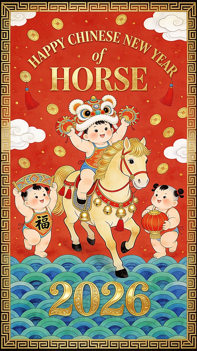 动画风格。主体为舞狮少年骑金鬃骏马（少年头戴狮头帽，双手挥舞狮头；骏马马具饰红流苏与金色铃铛，呈迈步姿态）。马匹两侧有两个福娃（左侧举 “福” 字欢呼；右侧怀抱大红灯笼）。空中飘浮金色铜钱、红色流苏、白色祥云。顶部弧形排列烫金质感的 “HAPPY CHINESE NEW YEAR” “of” “HORSE”，下方正中央为数字 “2026”。底部饰蓝绿色波浪纹样，画面四周设金色中式回纹边框，红色背景，整体充满春节舞狮喜庆氛围。