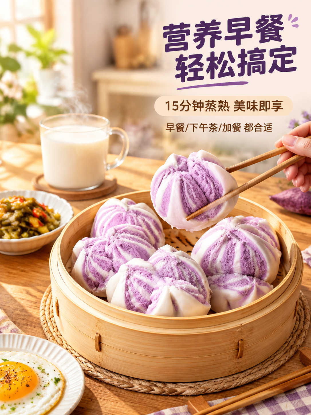 [商品] 使用【图4】蒸笼多馒头图与【图2】成品馒头图；保留紫… - 图片创意预览
