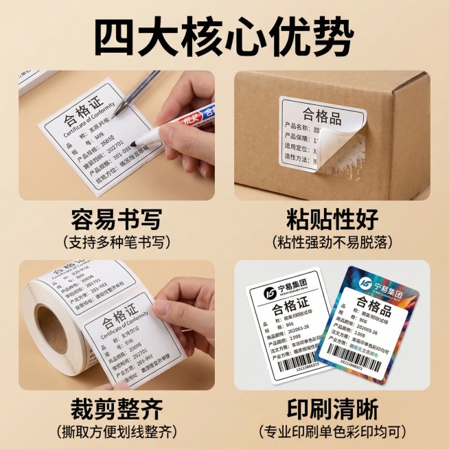 生成定制合格证不干胶四大核心优势主图，参考图格局使用2x2网格排版，每个网格展示一个核心优势，配实拍图和文字说明，四个优势分别是：容易书写（支持多种笔书写）、粘贴性好（粘性强劲不易脱落）、裁剪整齐（撕预览效果
