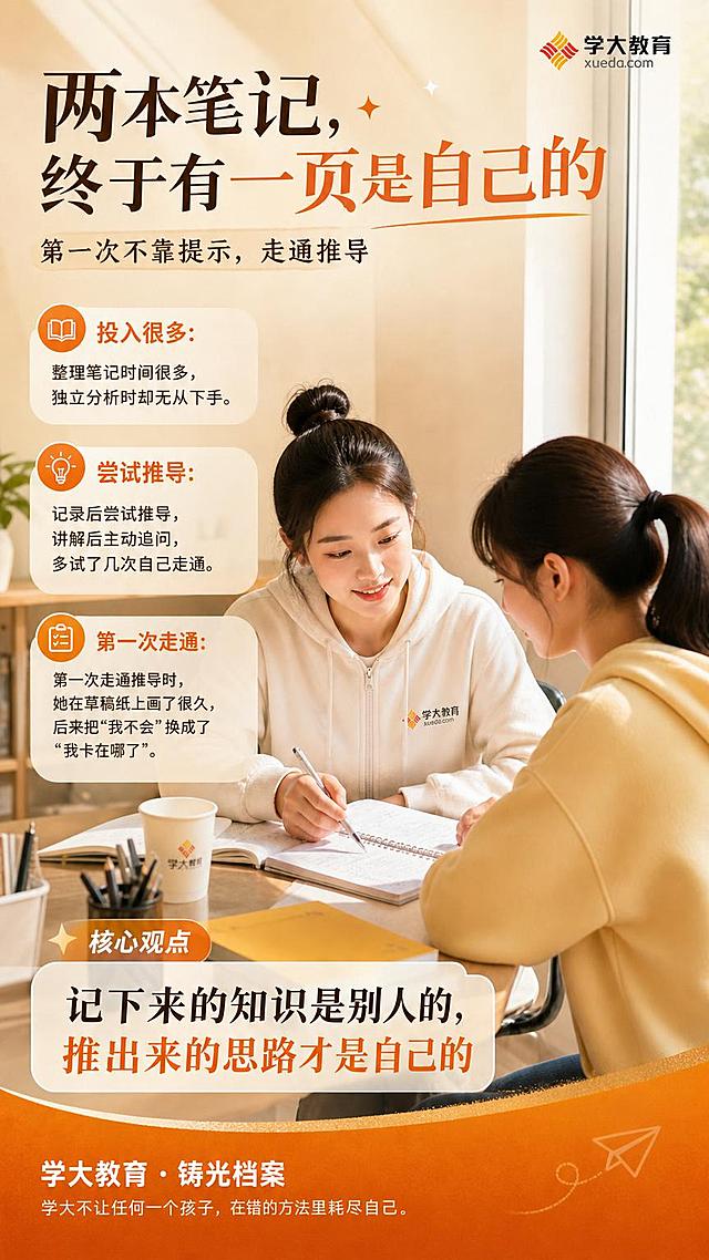 将以下文字填入海报中排版，要求排版合理，色彩搭配协调，内容文字不要太小，画面高端大气但是有朝气，整体构图清晰：大标题：“两本笔记，终于有一页是自己的”，小标题：“第一次不靠提示，走通推导”，内容分段标题：“投入很多：整理笔记时间很多，独立分析时却无从下手。”、“尝试推导：记录后尝试推导，讲解后主动追问，多试了几次自己走通。”、“第一次走通：第一次走通推导时，她在草稿纸上画了很久，后来把"我不会"换成了"我卡在哪了"。”，核心观点标题：“记下来的知识是别人的，推出来的思路才是自己的”，底部落款：“学大教育 · 铸光档案
学大不让任何一个孩子，在错的方法里耗尽自己。”，保留原图中两位女生辅导学习的温馨场景，保持暖色调和通透的光线，整体高端大气且有朝气