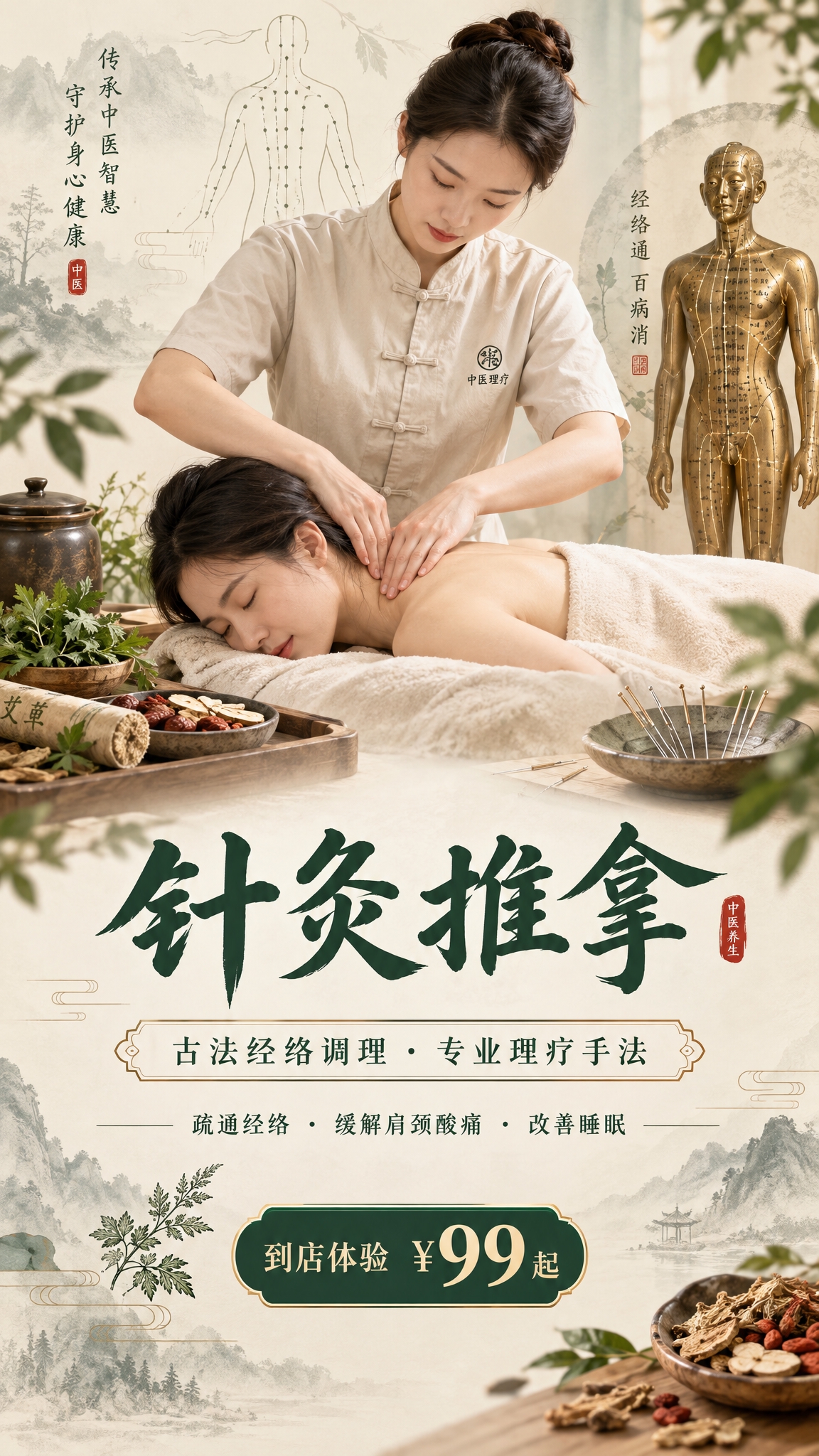 中医针灸推拿养生广告图，竖版构图。画面采用温暖治愈的东方养生风… - 图片创意预览