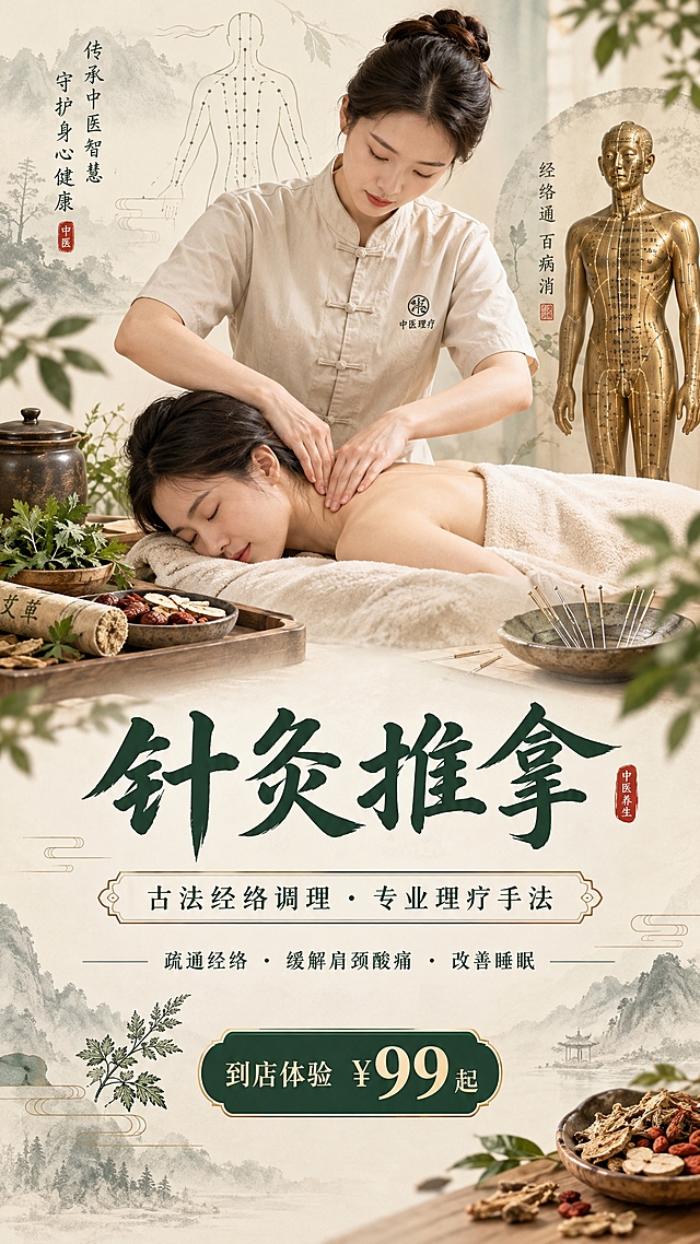 中医针灸推拿养生广告图，竖版构图。画面采用温暖治愈的东方养生风格，柔和米色与墨绿配色，背景点缀淡雅水墨晕染与经络走向线稿。画面上方主体为一位专业中医理疗师正在为顾客进行肩颈推拿调理，手法专业、神情专注，光影柔和自然；周围点缀针灸银针、艾草、中药材、铜人经络图等中医元素。画面中加入清晰工整的中文标题文字"针灸推拿"，副标题"古法经络调理 · 专业理疗手法"，下方小字"疏通经络 · 缓解肩颈酸痛 · 改善睡眠"，底部标注"到店体验 ¥99 起"。整体排版干净高级，留白充足，层次分明，具有温暖疗愈的中医养生氛围，商业广告级质感，高清精致