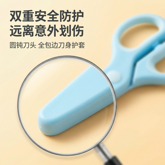 [主图3 安全细节展示] 主图主题得力剪刀圆钝刀头安全防护细节，氛围风格清新专业，突出安全材质。画面元素圆形放大镜框放大展示圆钝包边刀头，整把剪刀斜放在浅暖色背景上，刀身为浅蓝色，放大镜区域做锐化处理预览效果