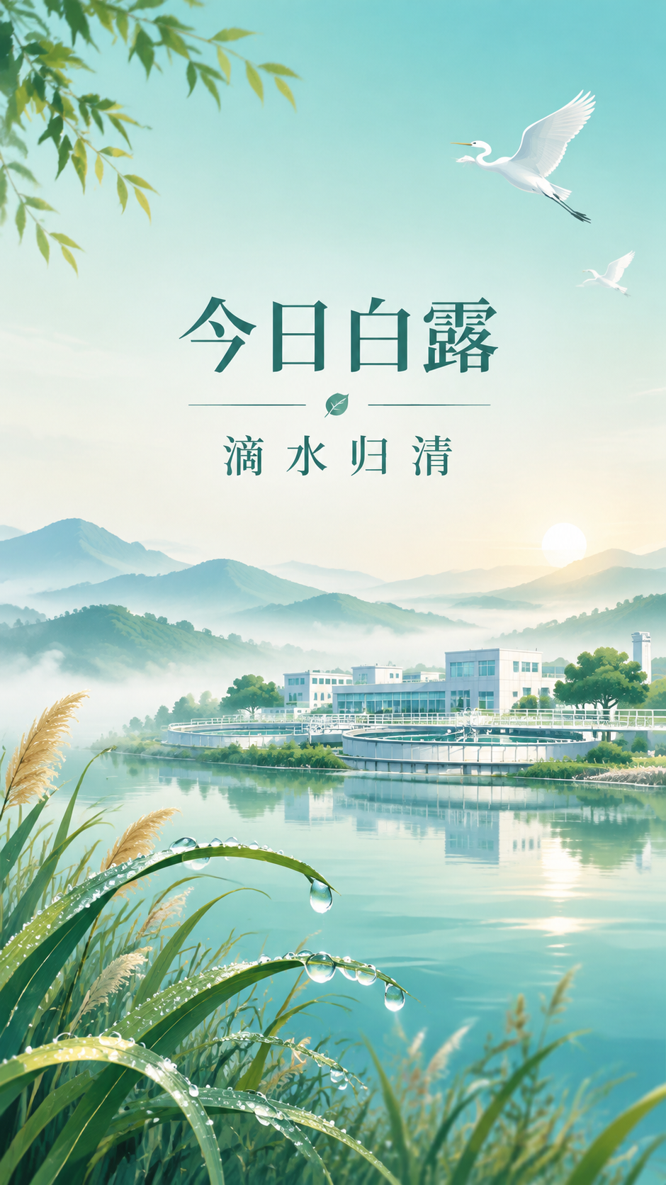 白露节气环保主题海报，扁平化插画风格，竖版构图。画面以青绿色和… - 图片创意预览