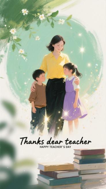 画面中心是一位穿着黄色上衣、黑色裤子的女教师，她身边围绕着两个孩子，男孩穿着棕色上衣和深色裤子，女孩穿着紫色连衣裙，孩子们正依偎在老师身旁，老师双手轻抚他们。背景是浅绿色的圆形，周围点缀着绿色枝叶和白预览效果