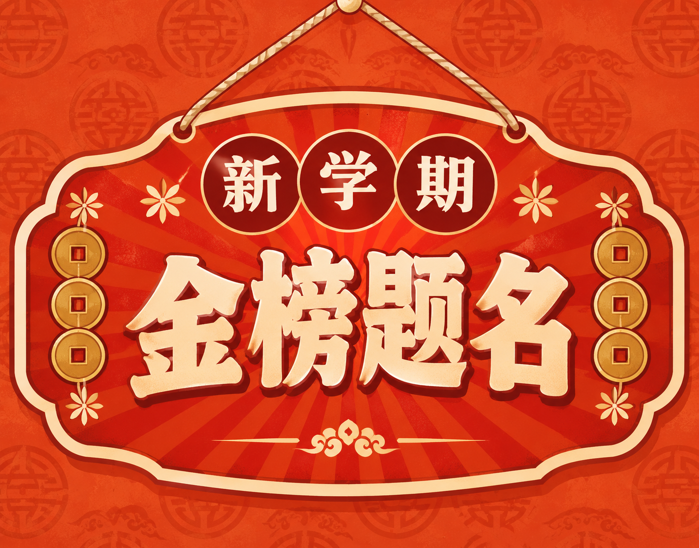 新学期主题复古挂牌风格小图，红色系配色。画面中心是一个红色复古… - 图片创意预览