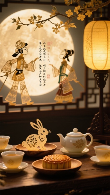 古朴的茶具摆放整齐，茶壶，茶杯，月饼放在在木制纹理碟子。带有兔子花纹的纸灯笼散发暖黄光晕，照亮月饼。茂密的桂花枝，加上"暮云收尽溢清寒，银汉无声转玉盘；此生此夜不长好，明月明年何处看"诗词预览效果