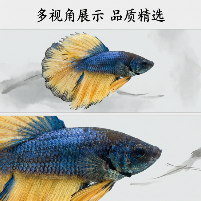 [主图 3] 泰国斗鱼多视角展示图
[氛围风格] 统一新中式中国风，水族观赏意境，干净雅致。
[画面元素] 商业摄影质感、光线柔和通透、产品清晰真实、画面干净高级。采用上下拼图布局，上方展示斗鱼侧面整预览效果
