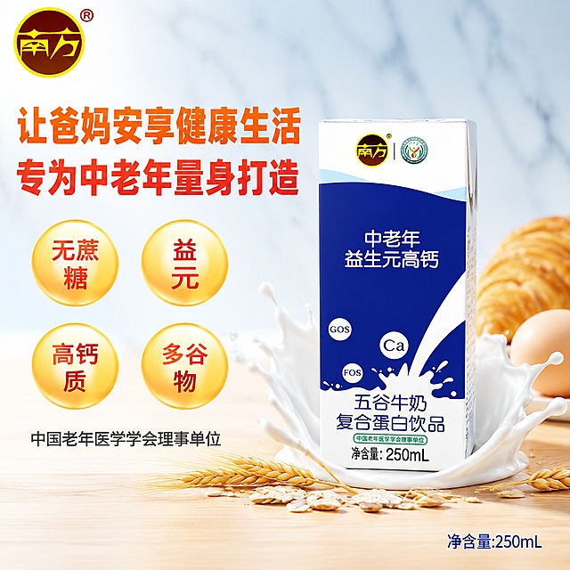 重新设计一张南方中老年益生元高钙五谷牛奶复合蛋白饮品的产品介绍主图，采用左文右品标签参数型爆款主图版式。画面左侧35%-40%区域为文案区，右侧60%-65%为产品与场景区。左上角安全区放置与原图完全一致的南方品牌圆形Logo（黄底红字带®标），不得变形变色。

【产品主体】右侧居中偏下位置竖立放置南方中老年益生元高钙五谷牛奶利乐包装盒，产品外观、颜色、文字、Logo与输入产品图绝对一致，杜绝变形和色差，精细化处理。包装盒占画面约50%，正面完整展示不裁切。包装盒周围有乳白色牛奶飞溅动态效果，底部有少量金色麦穗和燕麦谷物颗粒散落承托，右后方虚化摆放一个牛角面包和一个水煮蛋作为早餐搭配元素，增强食用场景联想。

【背景与场景】背景采用浅蓝到米白的柔和渐变，上方有淡淡的大理石纹理虚化处理，下方是浅木色桌面台面，有柔和的产品投影。整体氛围温馨、健康、干净，适合中老年营养饮品调性。

【文案内容与版式】
- 左上品牌Logo下方，主标题两行大字：第一行"让爸妈安享健康生活"，第二行"专为中老年量身打造"，使用橙红色粗黑体，字号大且醒目，左对齐。
- 主标题下方，四个圆形金色渐变卖点图标分两排排列，每排两个，左对齐整齐排布：左上圆内写"无蔗糖"，右上圆内写"益生元"，左下圆内写"高钙质"，右下圆内写"多谷物"，均为红色字体，圆形有金色描边和光泽感。
- 卖点图标下方，一行小字辅助文案："中国老年医学学会理事单位"，深灰色细黑体。
- 右下角靠近产品处，标注"净含量:250mL"，深蓝色小字。

【光影】自然柔和的左侧窗光为主光，右侧有补光，产品表面有细腻的高光和反光，牛奶飞溅处有通透光泽，整体光线均匀明亮，阴影柔和不生硬，商业摄影质感。

【配色】主色调为产品包装的深蓝色、白色，搭配品牌橙红色、金色点缀，背景浅蓝米白渐变，整体色系与原图保持一致。

【输出要求】1:1正方形比例，文字清晰可辨，超高清商业摄影质感，画面干净高级。