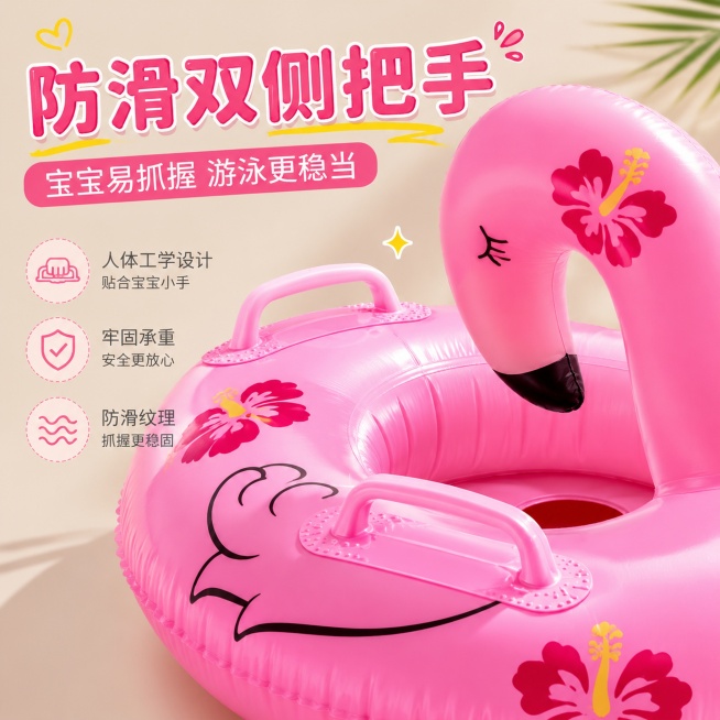 [主图-6] 粉色火烈鸟游泳坐圈双侧把手细节展示
[氛围风格] 细节安心展示风
[画质] 商业摄影质感，清晰锐利
[元素] 特写粉色火烈鸟坐圈的双侧防滑把手，展示把手牢固设计，方便宝宝抓握。保持产品外预览效果