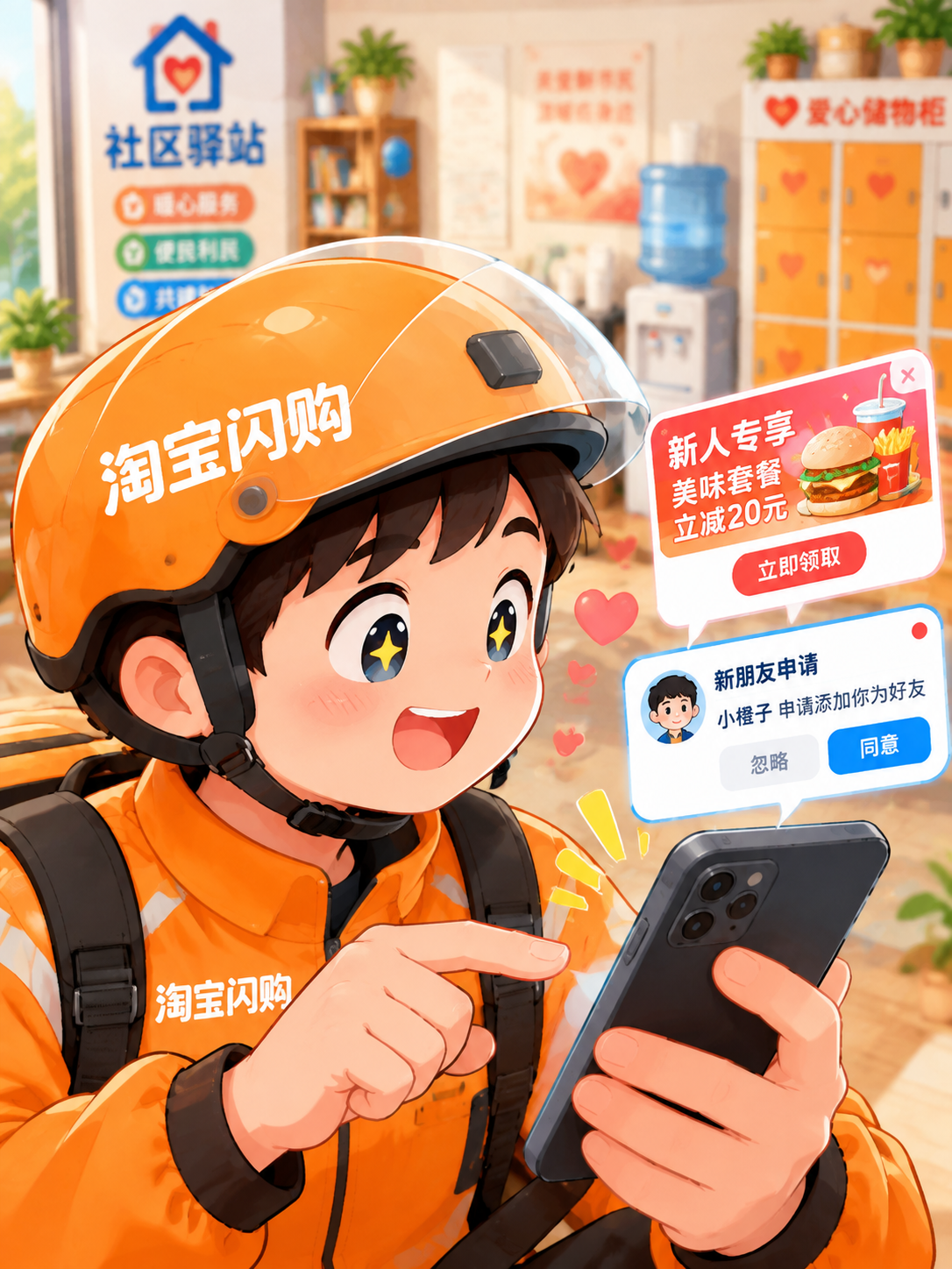 去除底部红色警示横幅，其余画面内容保持不变：骑手手机特写，穿橙… - 图片创意预览