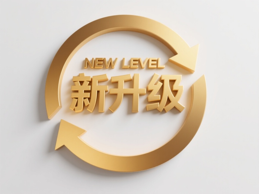 金色渐变立体环形箭头环绕，中央为粗体金色汉字“新升级”，上方搭配英文“NEW LEVEL”，整体设计简洁现代，视觉层次分明，金色调传达高端感，箭头元素象征进步与提升，白色背景使主体信息清晰突出，符合宣传升级概念的视觉传达需求。预览效果