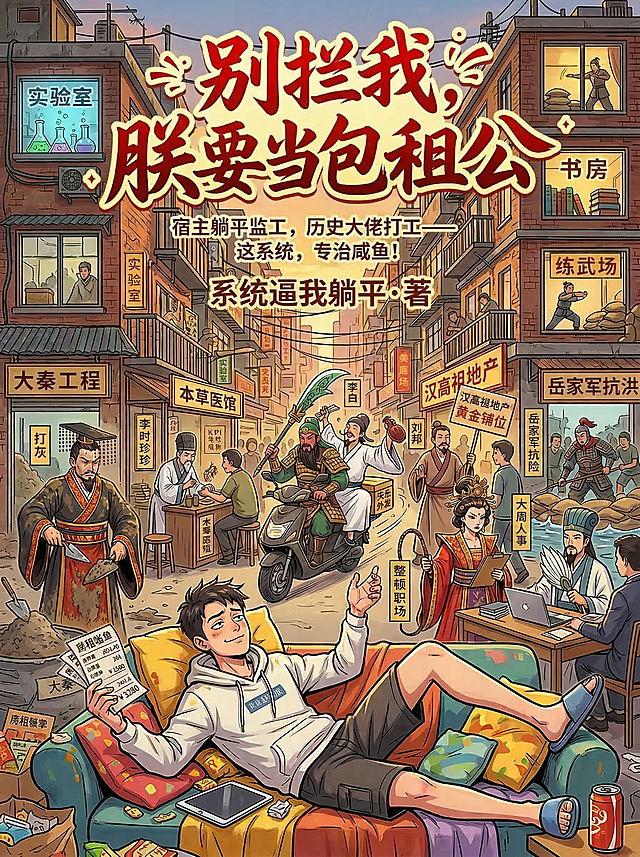 在主宣传语下方添加清晰醒目的作者署名"系统逼我躺平·著"，位置排版合理，保留原图所有内容和搞笑风格不变，保持3:4比例不变