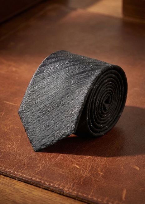 参考示例图的构图，将图中的深灰色斜纹品牌字母领带，像示例图一样卷起来放置在棕色皮革桌面上，暖光侧打光，展现领带的细节和质感，营造高级商务的氛围预览效果