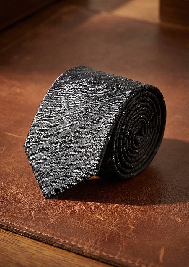 参考示例图的构图，将图中的深灰色斜纹品牌字母领带，像示例图一样卷起来放置在棕色皮革桌面上，暖光侧打光，展现领带的细节和质感，营造高级商务的氛围