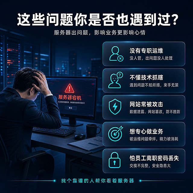 [详情图1-痛点场景] 服务器代维护痛点共鸣图，核心任务是还原企业主和管理者面临的服务器问题，激发需求。
[统一基调] 商务科技风格，深蓝渐变背景配青色科技光效，主标题白色粗体无衬线字，副标题浅灰色，强调色用青色和橙色点缀，卡片用半透明深色玻璃拟态，圆角16px，图标用线性简约风格，整体专业可信克制。
[画面] 左侧用插画风格表现一个焦虑的企业主面对电脑屏幕，屏幕上显示红色警告图标和"服务器宕机"字样，人物抓头发表情焦急。右侧列出5个痛点图标加文字，垂直排列，每个痛点配一个简约图标：没有专职运维、不懂技术抓瞎、网站常被攻击、想专心做业务、怕员工离职密码丢失。
[光影质感] 科技感柔光，左侧人物区域略暗突出焦虑感，右侧痛点区域明亮清晰，整体干净通透。
[配色] 主背景深蓝#0a1929渐变，主标题白色，痛点文字浅灰#b2bac2，警告元素用红色#f44336点缀，图标用青色#00b8d4。
[文字版式] 顶部大标题"这些问题你是否也遇到过？"，白色粗体。右侧5个痛点每项一行，图标在前文字在后，文字清晰易读。底部小字"找个靠谱的人帮你看着服务器"，青色小字。
[输出要求] 1:1正方形，2048px，文字清晰可读，画面专业整洁，无变形错字，无水印无平台Logo。