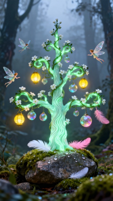 一棵精灵森林圣诞树，树干是发光的淡绿色树干，带有荧光纹理，树枝是会发光的绿色藤蔓，藤蔓上点缀着白色小花，装饰有精灵的黄色小光球灯笼、彩色透明带光泽的魔法果实、白色和粉色的羽毛，底部是覆盖着带露珠苔藓的预览效果