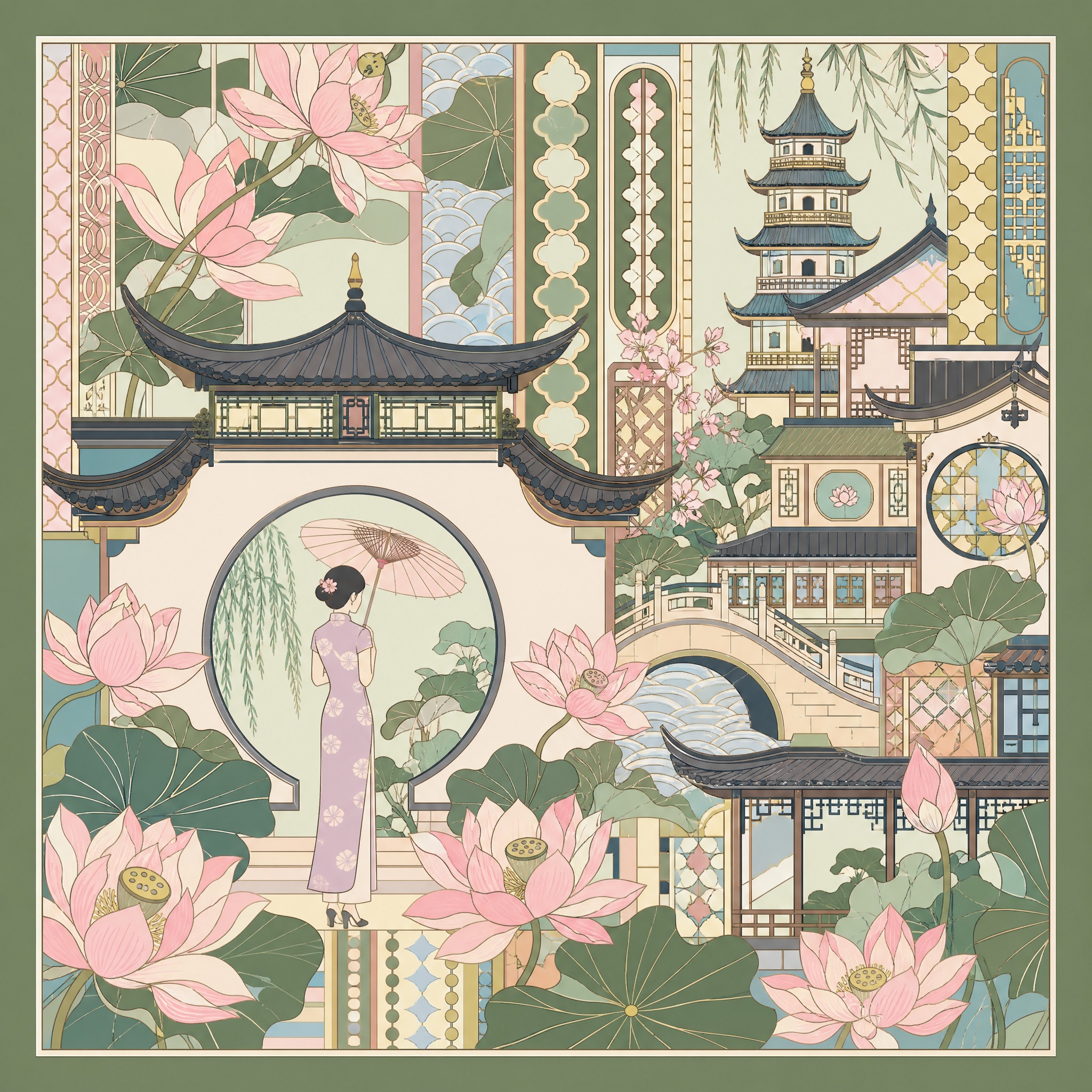 参考上传图片的风格：新艺术运动与装饰艺术结合的扁平插画，无透视… - 图片创意预览