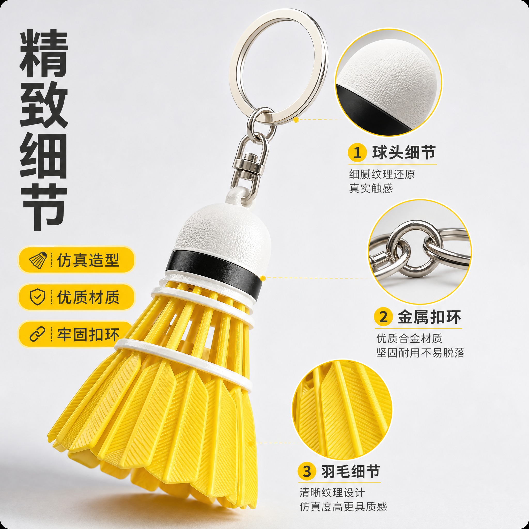 [主图-2] 黄色羽毛球造型钥匙扣挂件 核心亮点结构细节展示。… - 图片创意预览