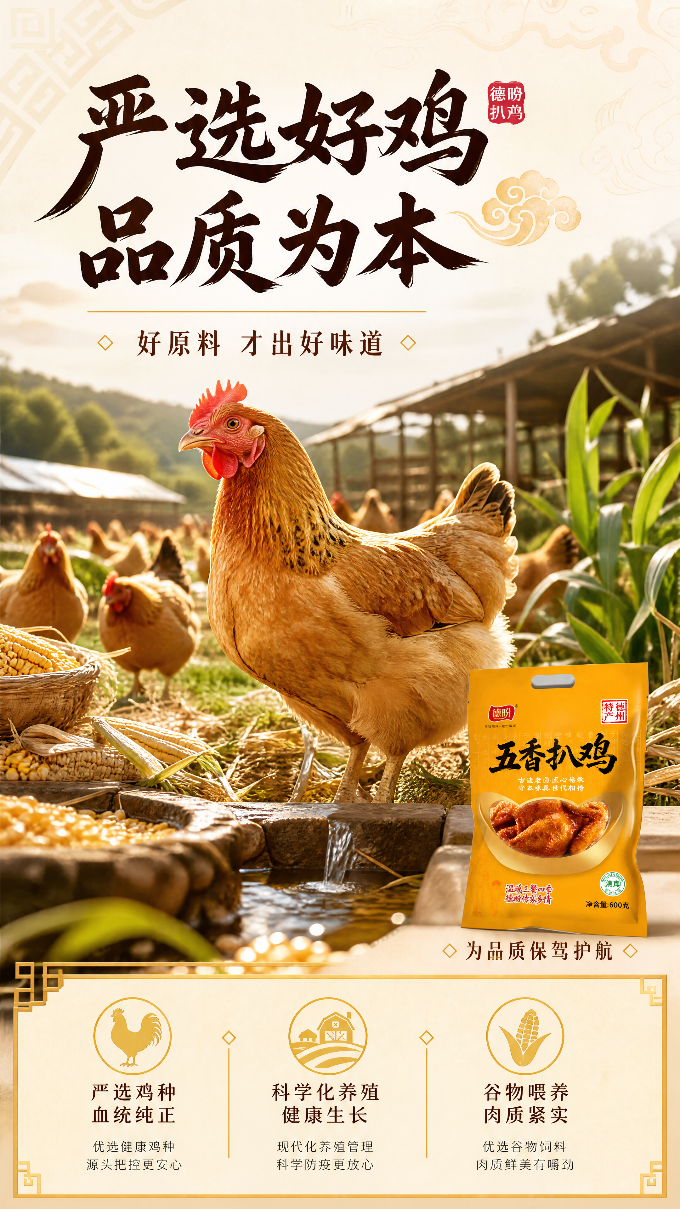 [商品] 使用【图1】德盼五香扒鸡黄色包装袋作为辅助元素，置于… - 图片创意预览