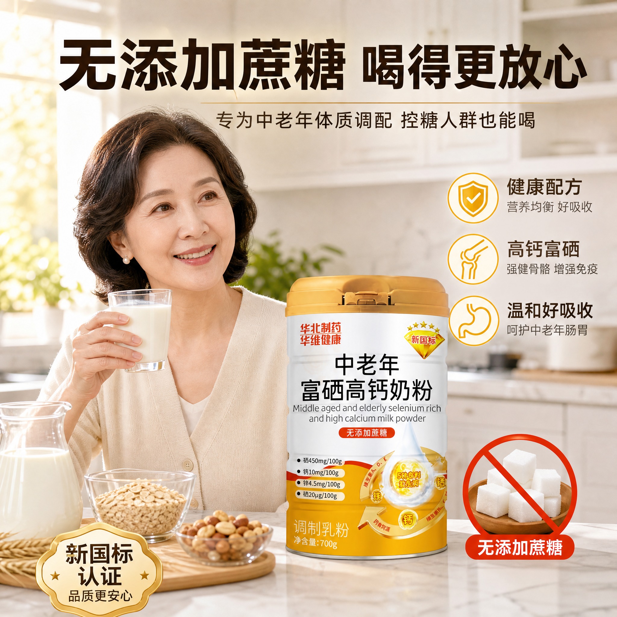 [主图-3] 无添加蔗糖健康理念图，突出适合中老年人的健康配方… - 图片创意预览