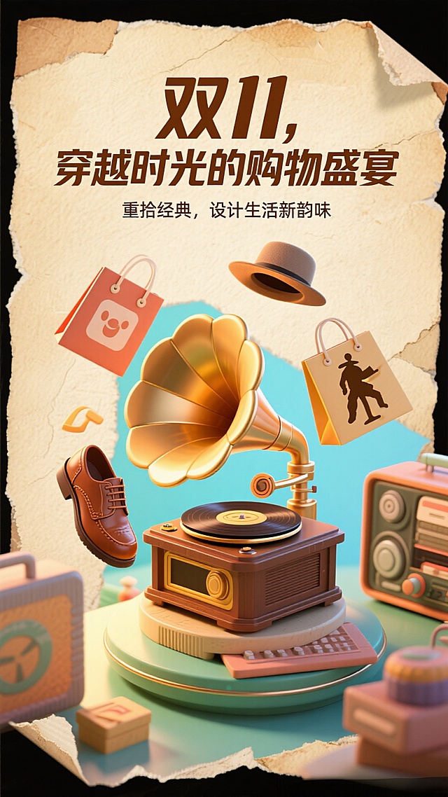 复古感与3D风融合，撕纸质感背景中，鎏金留声机与微缩经典物件跃然眼前，重拟物设计唤醒时光记忆，双11购物盛宴尽显金属风韵味。