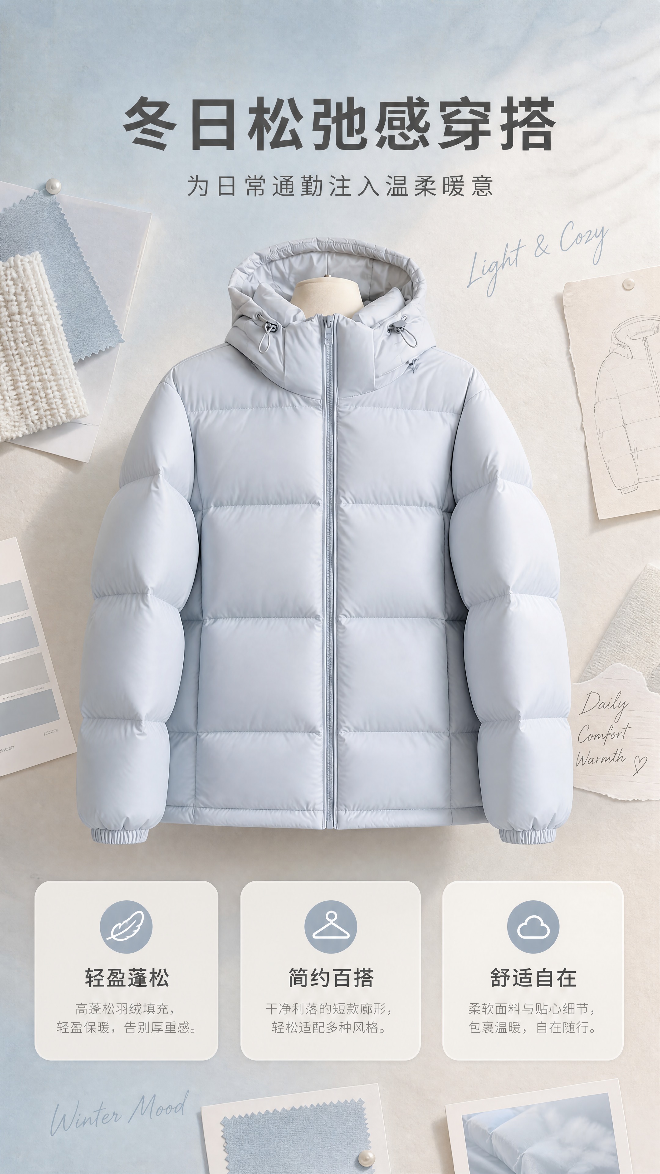 [商品] 使用【图1】奶雾蓝短款连帽泡芙羽绒服；商品处理：保留… - 图片创意预览