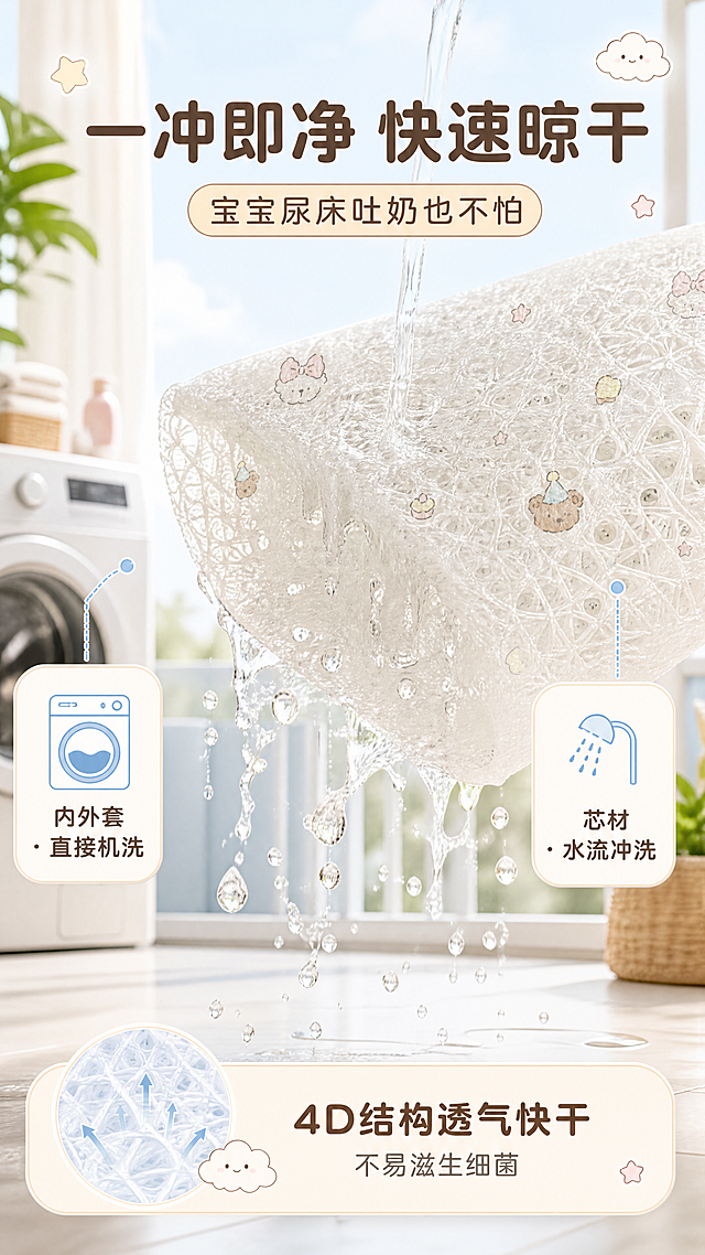 [商品] 使用【图1】4D空气纤维婴童床垫、【图2】面料图案；保留4D空气纤维芯材的网状结构、米白色调；商品处理：展示芯材被水冲洗的状态，水珠透过纤维网的效果，增强水流动感和纤维立体感。
[画面] 目标：功能演示，突出可水洗快干特性。构图：中部偏上展示4D空气纤维芯材被水流冲洗的动态瞬间，水珠清晰透过纤维网孔，旁边放洗衣机图标示意内外套可机洗，产品占画面55%。背景为清新浅蓝+米白渐变浴室/阳台场景，营造干净清洁氛围。
[视觉] 套系策略：风格=温馨婴童风商业摄影，柔和清新；标题字=圆润粗黑体；正文字=简洁圆角无衬线体；主色=米杏色+浅奶粉；背景延展=基于米杏色做深浅层级、同色渐变和细腻织物/木质质感；强调色=浅粉蓝，仅用于小面积图标、引线和标签；标题色=深暖棕；正文色=中暖灰；组件=圆角浅底信息卡、细线引线、云朵/星星装饰元素；光影=明亮柔和自然光，突出水的通透感。
[文字] 顶部主标题「一冲即净 快速晾干」，副标题「宝宝尿床吐奶也不怕」，左侧图标+文字：「内外套 · 直接机洗」，右侧图标+文字：「芯材 · 水流冲洗」，底部补充：「4D结构透气快干 不易滋生细菌」，文字全部横向排版。
[规格] 图片比例9:16竖版，4K分辨率，负向提示：避免变形、错字、文字过小、冷蓝过重、纤维结构失真、医疗化表述、极限词。