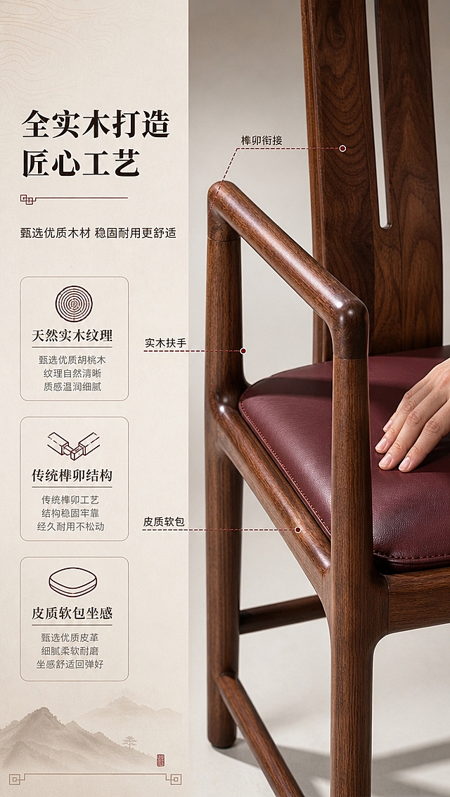 [商品] 使用【图1】胡桃木色新中式实木扶手椅（正面视角），酒红色皮质软包坐垫；保留靠背竖板长孔造型、双侧实木扶手、酒红色软包座面、实木腿、底部横撑、深胡桃木色和实木材质质感；不改变结构和颜色，增强木纹细节、软包皮革质感与缝线细节。
[画面] 目标：材质工艺证明页，展示全实木用料、榫卯工艺与软包质感。构图：左文右图，左侧约2/5为文案与工艺说明区，右侧约3/5为扶手椅局部特写；画面聚焦扶手与椅身衔接的榫卯处、座面软包皮革纹理，一只手轻轻触摸软包边缘体现质感；景别为中近景，产品局部占画面约65%；背景为浅暖灰渐变，搭配木纹纹理底纹，突出材质本身。
[视觉] 套系策略：风格=新中式禅意商业家居摄影；标题字=宋体粗体（雅致厚重）；正文字=简洁无衬线体；主色=深胡桃木棕；背景延展=基于深胡桃木棕做米杏、暖灰、浅木色的同色系深浅层级，搭配宣纸质感与木纹肌理；强调色=酒红（与坐垫呼应），仅用于小面积图标、引线和标签点缀；标题色=深炭棕；正文色=暖中灰；组件=细线圆角信息卡、中式回纹装饰细线、简约图标；光影=左前侧暖自然光，柔和漫射，阴影通透。
[文字] 左侧文案区：主标题「全实木打造 匠心工艺」（8字），副标题「甄选优质木材 稳固耐用更舒适」（12字），下方3个工艺点配图标：「天然实木纹理」「传统榫卯结构」「皮质软包坐感」；右侧特写处用细线引线标注「榫卯衔接」「实木扶手」「皮质软包」三处细节；文字横向排版，清晰可读。
[规格] 图片比例9:16竖版（抖音适配），分辨率4K，负向提示：避免变形、错字、文字过小、冷蓝背景、产品颜色改变、木纹失真、水印、二维码、绝对化用语、尺寸标注。