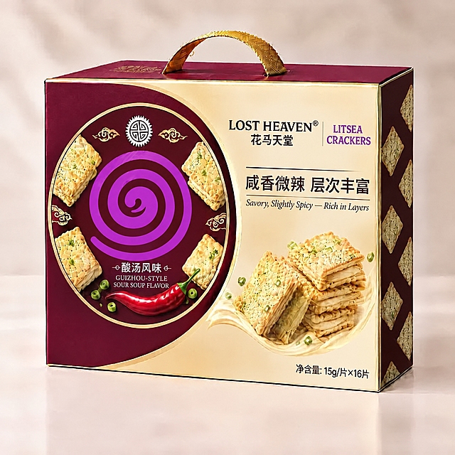 先完全清除图一左侧圆形区域内“木姜子香葱饼干”文字后方现有的所有紫色同心圆图案和多余阴影，恢复该区域为纯净的深酒红色底色；然后将图二中的紫色螺旋图腾精准放入该区域：1. 图腾为单根亮紫色螺旋线条从中心向外盘旋的造型，与图二完全一致，螺旋间隙透出深酒红色底色；2. 图腾边缘绝对锐利清晰，没有任何模糊、阴影、光晕、杂色或多余纹理；3. 图腾大小适配圆形区域，位于“木姜子香葱饼干”文字正后方；4. 其余所有元素（饼干、辣椒、祥云图案、金色边框、所有文字、包装盒外观、金色提手、右侧饼干展示、背景光影）完全保持不变；5. 整体包装质感真实自然，图腾如同印刷在包装盒上一样干净清晰
