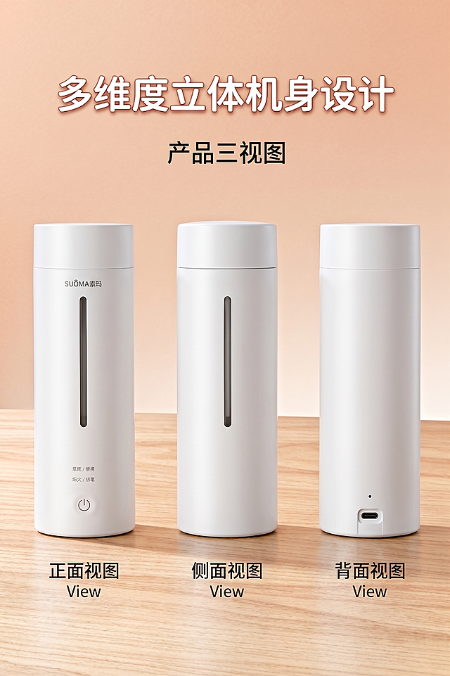 生成图中水杯三视图：正面、侧面和背面。