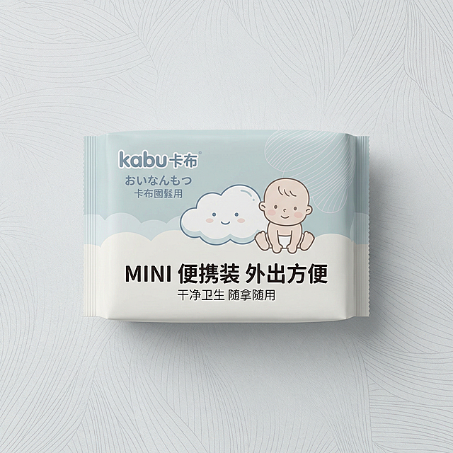 1:1竖版电商主图，极简浅灰线条背景，增加细腻浅纹理，自然空间感，干净利落，风格统一。严格还原卡布kabu旅行装纸尿裤产品图，保留包装设计、颜色、LOGO位置、文字内容、图案元素所有细节，产品外观保持原图一致，不改变包装设计、配色或品牌元素，保持哑光质感。旅行装产品居中摆放。主标题："MINI 便携装 外出方便"，统一粗体字体；副标题："干净卫生 随拿随用"。简约居中排版，高级清爽。禁止复杂场景，禁止多余元素，禁止产品变形，禁止修改包装，禁止模糊。