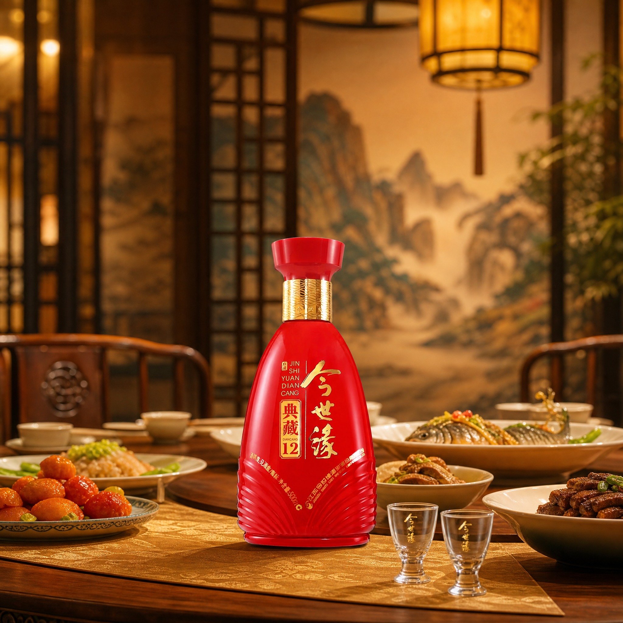 产品场景图，1:1比例。场景为高端中式餐厅包间，深木色圆桌铺着… - 图片创意预览