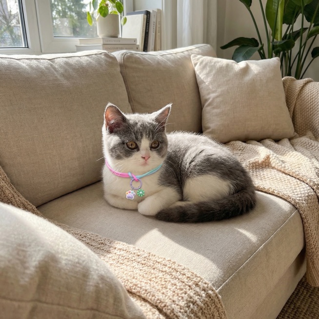 一只可爱的小猫趴在温馨的家居沙发上，佩戴着与参考图完全相同的项圈（粉色、绿色、蓝色渐变绳索，橙色金属扣，紫色圆环，爪印和花朵吊坠），项圈的位置、颜色、细节必须与参考图完全一致，真实摄影风格预览效果