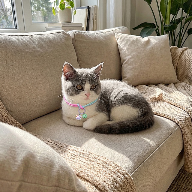 一只可爱的小猫趴在温馨的家居沙发上，佩戴着与参考图完全相同的项圈（粉色、绿色、蓝色渐变绳索，橙色金属扣，紫色圆环，爪印和花朵吊坠），项圈的位置、颜色、细节必须与参考图完全一致，真实摄影风格