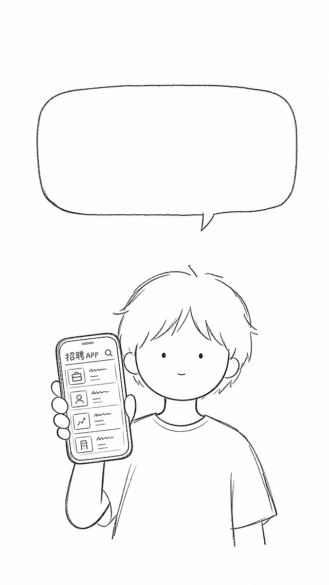 手绘涂鸦风格，极简简笔画，黑白线稿，随意铅笔线条，温馨日记漫画风格，干净白色背景，大量留白，纯线条艺术，9:16 竖屏格式，一个简笔人物半身，圆形头、点状眼，短发，单手举起一只手机朝向画面，手机屏幕用简单方框表示，屏幕上用潦草线条画出招聘APP的卡片列表感，人物表情平静，头顶上方手写对话框留空（预留给字幕/标题），线条随意有铅笔质感，不求完美工整，画面中上部留白充足